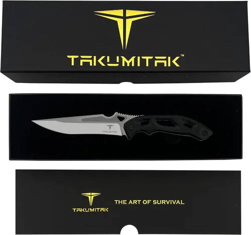 Vista 6 de TAKUMITAK Cuchillo de hoja fija Hunting & Survival - Acero D2, mango G10, funda Kydex, clip Molle, plata (TKF209SL)
