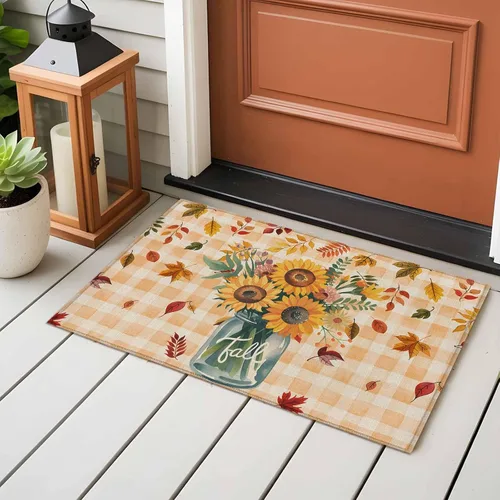 Vista 4 de Small Area Rugs 2x3 Ft, Sunflower Non-Slip Area Rugs for Living Room Bedroom Entryway, Orange Plaid Farmhouse Leaves Watercolor Retro Washable