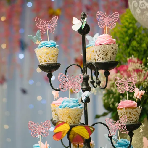 Vista 7 de Gyufise 36 adornos de mariposa de oro rosa con purpurina para cupcakes, arte hueco en 3D, decoración para cupcakes temáticos de mariposa, baby