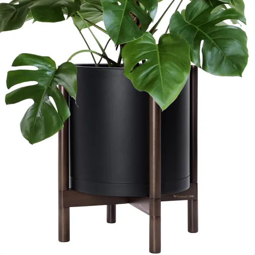 Vista 30 de Maceta de D'vine Dev con soporte - Maceta de flores de cilindro de plástico de 8.0 pulgadas con soporte de madera para interiores, maceta mate negra