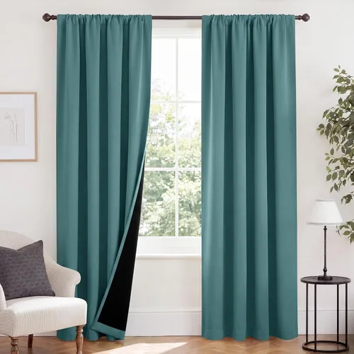 Vista 113 de NICETOWN Biscotti Beige 100% Cortinas opacas de 45" de largo para cocina, bolsillo con varilla para sótano completamente opaco, cortinas térmicas