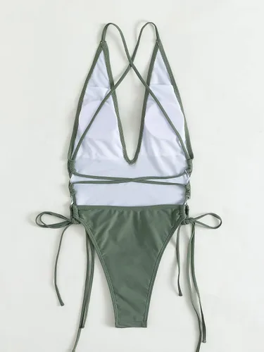 Vista 2 de SheIn Women's Deep V Neck Crisscross One Piece Swimsuit High Cut Tie Side Bathing Suit