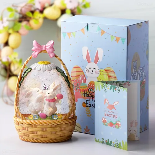 Vista 4 de Linterna de globo de nieve de Pascua, decoraciones de Pascua para el hogar con temporizador giratorio con purpurina, decoración de Pascua iluminada
