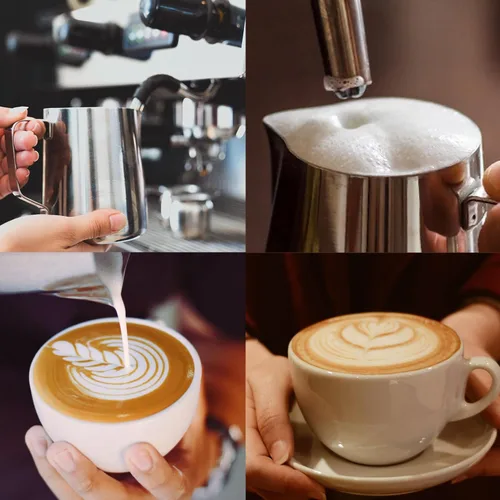 Vista 2 de Jarra de espuma de leche, taza espumadora de leche de acero inoxidable de 12 onzas, jarra de vapor para barra de café, capuchino, accesorios para A0