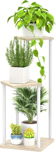 Vista 14 de Oppro Soporte para plantas de 3 niveles para interiores, soporte de esquina de metal de madera escalonada, soporte para macetas, estante de madera