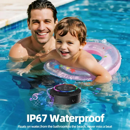 Vista 3 de Altavoz de ducha Bluetooth impermeable IP67, mini altavoz inalámbrico pequeño Bluetooth, altavoz portátil con ventosa, LED y micrófono para baño