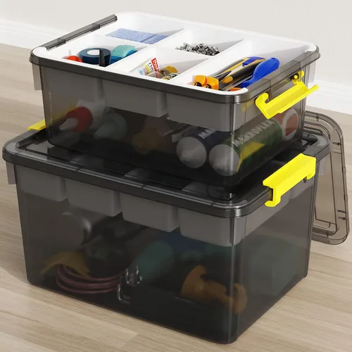 Vista 12 de Contenedor de almacenamiento apilable grande de 40 cuartos de galón con tapa y bandeja, organizador de plástico transparente con divisor portátil