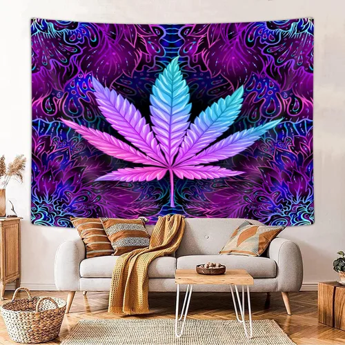 Vista 2 de Ptrxobj Tapiz de hojas mágicas, fresco Trippy neón morado teñido anudado, tapiz para colgar en la pared para dormitorio de hombres, tapiz hippie