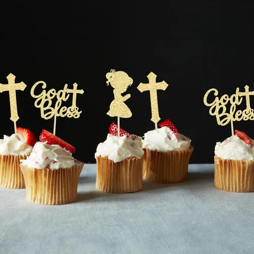 Vista 9 de Gyufise 24 decoraciones doradas para cupcakes con purpurina de Dios bendiga y cruz para baby shower, decoración para baby shower, fiesta