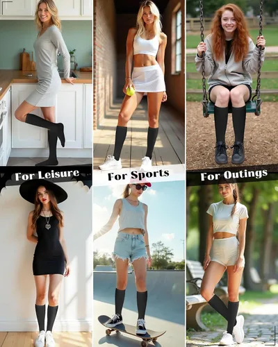 Vista 6 de Senker Fashion Calcetines altos hasta la rodilla para mujer, calcetines largos blancos de tubo negro a rayas para botas al aire libre deporte casual