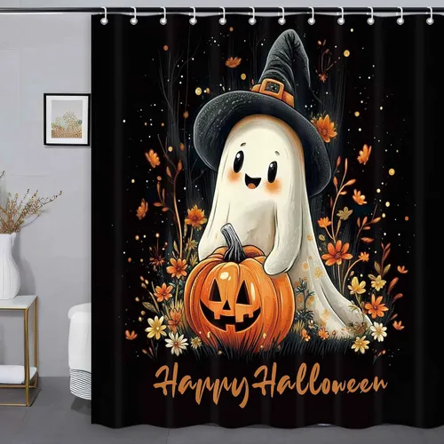 Vista 5 de Divertida cortina de ducha de esqueleto de calavera de Halloween, calabaza, murciélago, araña, decoración de baño, juego de cortinas de tela negra