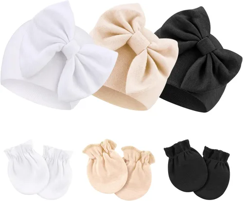 Vista 19 de BQUBO Gorros para Niñas Recién Nacidas Conjunto de Gorro y Manoplas para Bebé Gorros para Infantes con Moño Gorro de Hospital con Manoplas