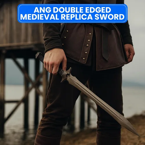 Vista 6 de SZCO espada Xiphos oscura de 37” – Espada medieval réplica de doble filo completa con vaina de cuero, hoja de acero con manganeso, mango envuelto