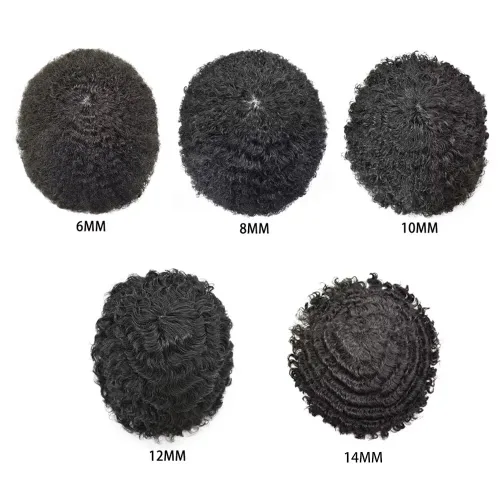 Vista 3 de Afro Toupee para hombres negros, rizado afro ondulado, postizo masculino, piel fina, PU negro, para hombre, tupé, reemplazo de cabello humano
