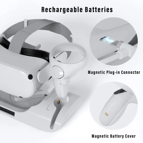 Vista 5 de Base de carga mejorada con luz LED para Oculus Quest 2, estación de carga con 2 baterías recargables para accesorios Meta Oculus Quest 2, soporte