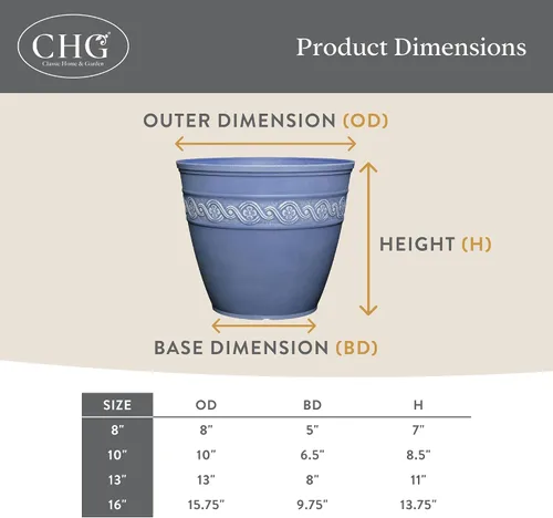 Vista 5 de Classic Home and Garden - Maceta redonda Corinthian Classic Resin Plant Pots, Lightweight Indoor Outdoor Planter, Weather-Resistant, Great for