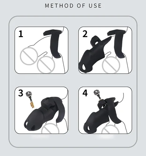 Vista 4 de Jaula de castidad de silicona para hombres, dispositivos de castidad negra, diseño de cerradura, jaula de castidad pequeña, jaula de pene masculino