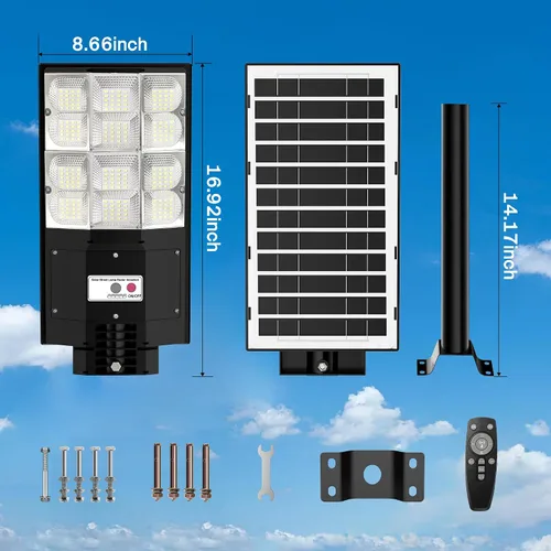 Vista 7 de Farolas solares impermeables para exteriores, 6500 K, 7000 W, gran angular, luz de inundación LED IP66 del atardecer al amanecer solar con sensor
