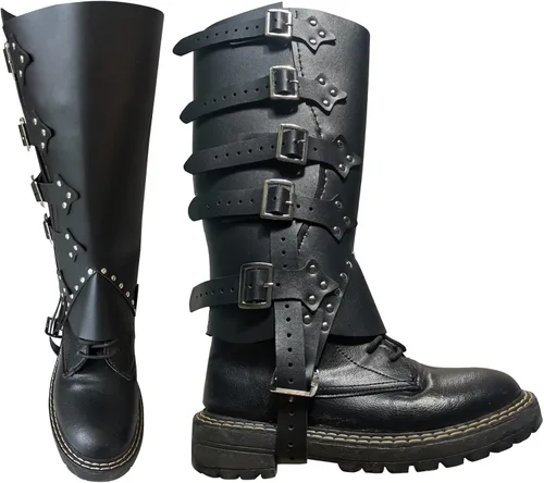 Vista 7 de Polainas medievales para hombre, de piel sintética, funda para botas de caballero vikingo, guerrero, armadura, protección de piernas, un par