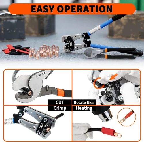 Vista 9 de Sanuke Kit de herramientas de crimpado de cables de batería con cortador de cables, engarzadora de alambre de cobre para AWG 8-1/0, 12 terminales