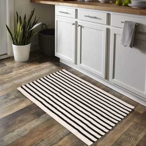 Vista 5 de KIMODE - Alfombra de algodón tejida con diseño a rayas en color negro, para puerta de entrada, cocina, decoración de estilo rústico