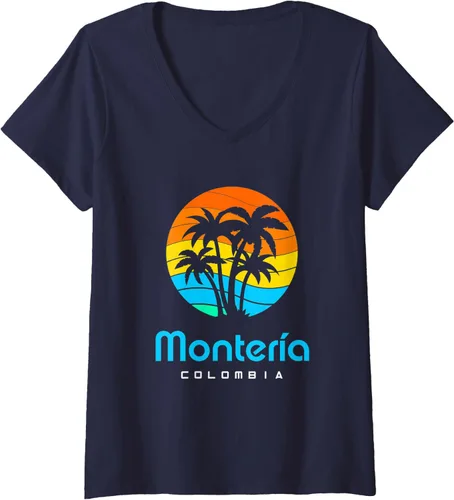 Vista 3 de Camiseta Montería Colombia con cuello en V para mujer, Negro