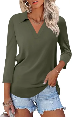 Vista 35 de TICTICMISS - Camisas polo de cuello en V para mujer, manga 3/4, con cuello, tops casuales de negocios, tops de verano a la moda, holgados