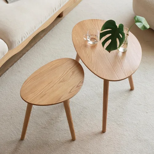Vista 6 de Mesa auxiliar ovalada pequeña, mesa auxiliar moderna de mediados de siglo para sala de estar, mesas auxiliares 100% madera de roble macizo