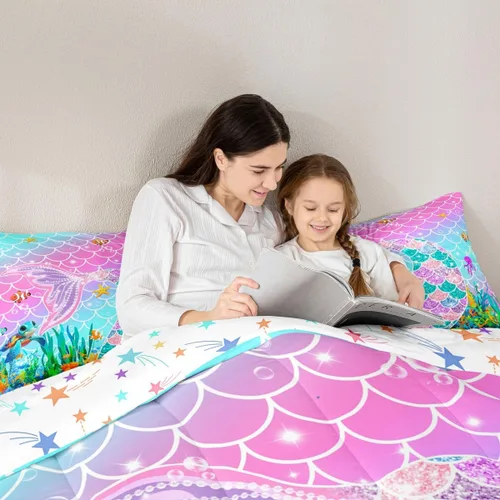 Vista 6 de Feelyou Juego de ropa de cama de sirena suave para niños y niñas, juego de edredón de escamas de peces oceánicos, tamaño individual, edredón