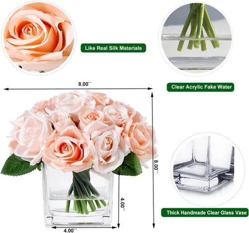 Vista 3 de 18 cabezas de rosas de imitación en jarrón, arreglo floral de rosas de Aritificail con jarrón para mesa de comedor, dormitorio, decoración de boda