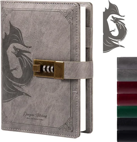 Vista 16 de TIEFOSSI Diario de Cuero Dragón, Cuaderno de Tapa Dura, Diario Recargable con Cerradura, Cuadernos de Escritura con Papel Rayado/En Blanco