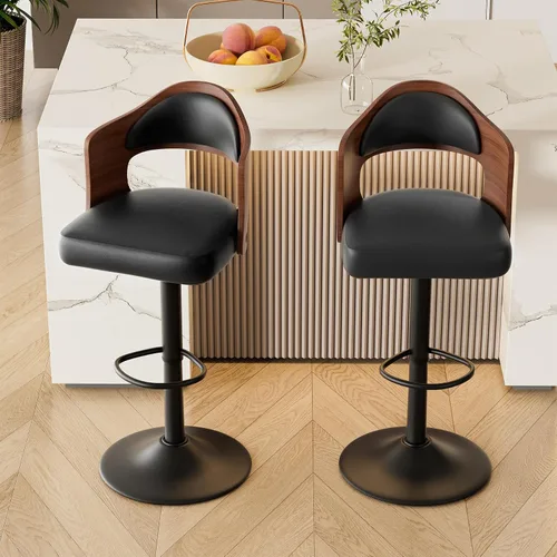 Vista 3 de Juego de 2 taburetes de bar giratorios, taburetes de bar de madera tapizados en cuero PU con respaldo y reposapiés, asiento de altura ajustable