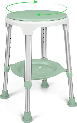 Vista 9 de Silla de ducha para ducha interior, taburete de ducha giratorio sin herramientas con bandeja de almacenamiento, silla de bañera ajustable y taburete