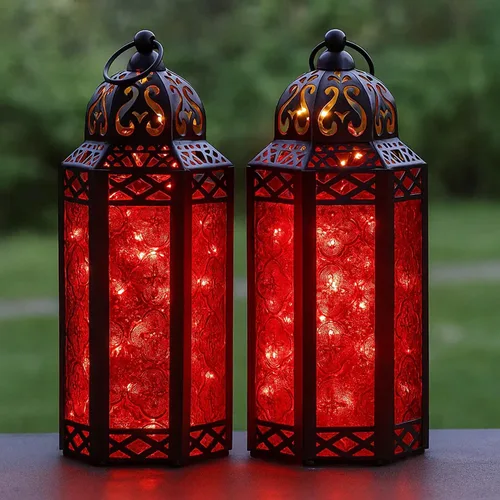 Vista 16 de VELA LANTERNS Juego de 2 portavelas decorativos de LED con luces de hadas de 12" de metal marroquí para colgar o mesa, decoración del hogar