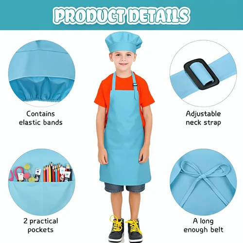Vista 3 de Juego de delantal personalizado y sombrero de chef con nombre personalizado para niños y sombrero de chef ajustable para cocinar, hornear, cocina
