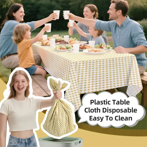 Vista 3 de Paquete de 3 manteles dorados de Gingham, mantel desechable de plástico a cuadros dorado y blanco de 54 x 108 pulgadas rectangular, mantel