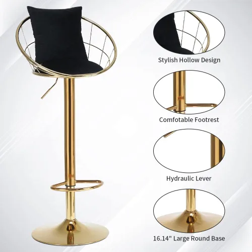 Vista 6 de Juego de 2 taburetes de bar giratorios de terciopelo, sillas de bar ajustables con respaldo y reposapiés, silla moderna para isla de cocina