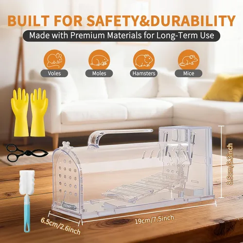 Vista 3 de Trampa humana para ratones, trampa de jaula en vivo para animales de interior, gatillo de pedal sensible, trampa extendida transparente para ratas