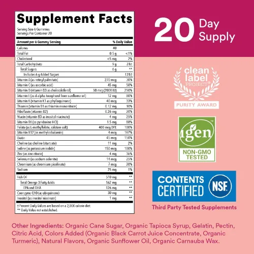 Vista 4 de SmartyPants Gomitas multivitamínicas para mujeres: aceite de pescado Omega 3 (EPA/DHA), metilfolato, CoQ10, vitamina D3, C, vitamina B12, B6, A, K