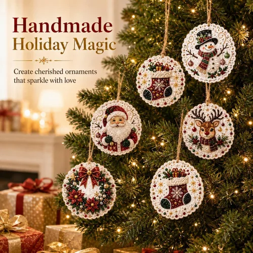 Vista 3 de GOJXDNE 6 adornos de arte de diamantes de Navidad, kit de manualidades de Bases de madera preperforadas con perlas en forma de gemas de resina