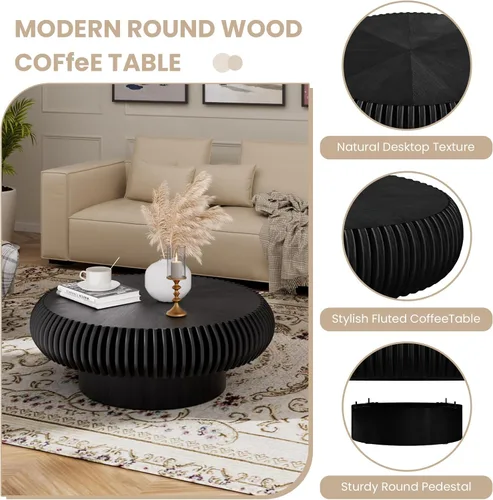 Vista 4 de Mesa de centro redonda de tambor estriado para sala de estar, mesas de centro modernas de mediados de siglo con pedestal resistente, mesa de té negro