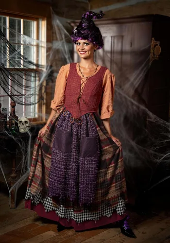 Vista 3 de Plus Mary Sanderson Costume Adult Disney Hocus Pocus Womens Outfit Shirt, Corset, Skirt wAttached Apron, Purple Wig