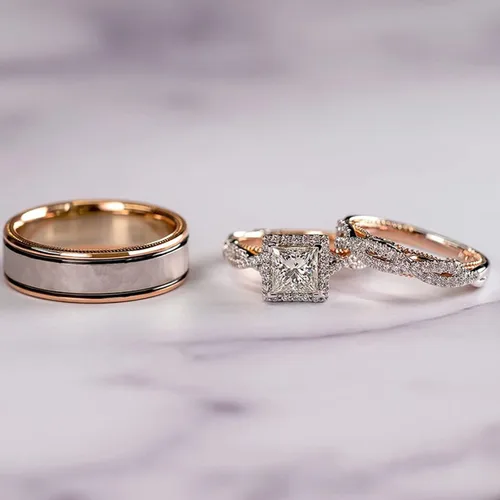 Vista 2 de Engagement rings for couples set,3 pc His and Her Wedding Ring Set, Hypoallergenic Rose Gold Ring Set, Cubic Zirconia Bride Promise Rings Set