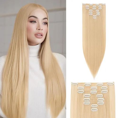 Vista 31 de S-noilite 8 piezas de extensiones de cabello largo con clip para mujer, extensiones de cabello sintético de doble trama, 18 pulgadas, #12H24 Honey