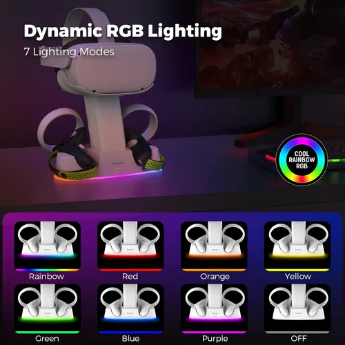 Vista 4 de Gamulus Base de carga RGB para Meta Quest 2, controlador de soporte con agarres, auriculares y controladores, soporte de estación de carga magnética