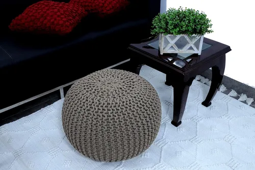 Vista 2 de FRELISH DECOR Puf redondo otomano tejido a mano 100% algodón, taburete de pie, puf de punto, silla de piso para sala de estar y dormitorio