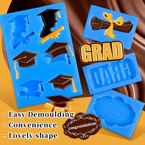 Vista 3 de Whaline Paquete de 4 moldes de silicona para fondant de graduación 2026, molde de diploma de felicitaciones, felicitaciones, dulces, chocolate