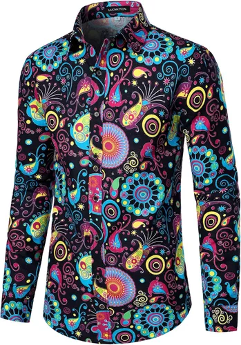 Vista 2 de LucMatton - Camisa de lino elegante con patrón tradicional estampado, manga larga y con botones para hombre