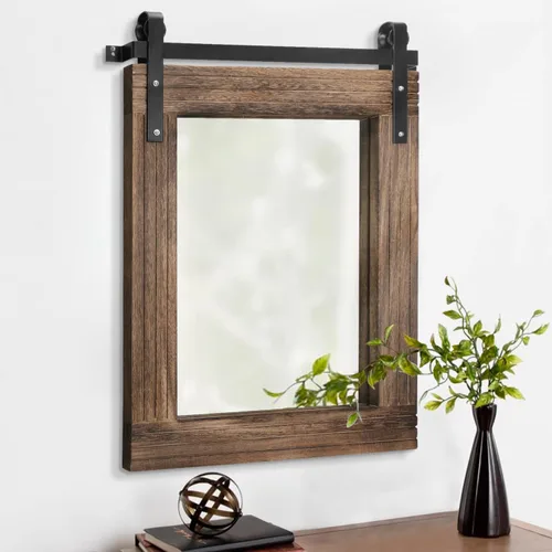 Vista 8 de AAZZKANG Espejo con marco de madera, estilo de puerta de granero, rectangular, decorativo, baño, dormitorio, tocador, decoración de pared del hogar