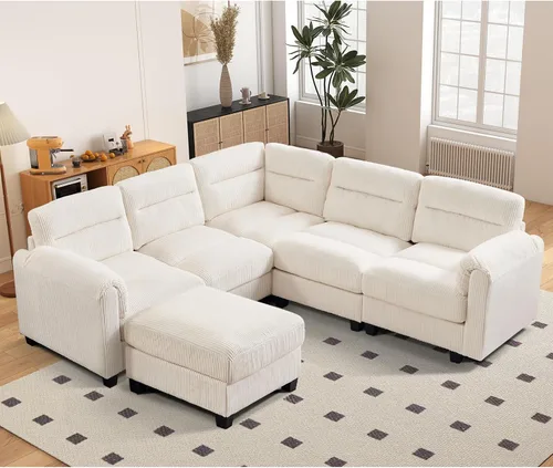 Vista 107 de HAOMARKETS Sofá esquinero modular en forma de L de 115 pulgadas con 2 otomanas móviles, sofás de pana de 8 plazas con cojín grueso para sala de Beige